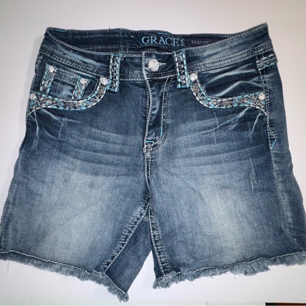 Grace In LA Women's Embroidered Denim Shorts Size 27 Thick Stitch Western Pocket